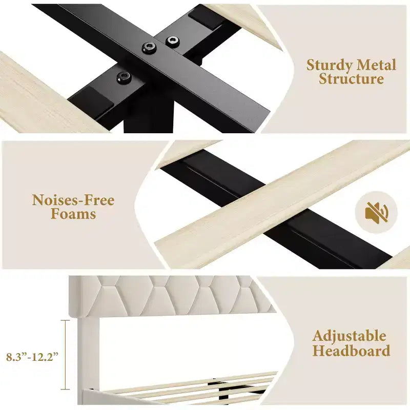 COZONY Velvet Upholstered Twin Bed Frame, Adjustable Headboard Wood Slat Support Metal Frame