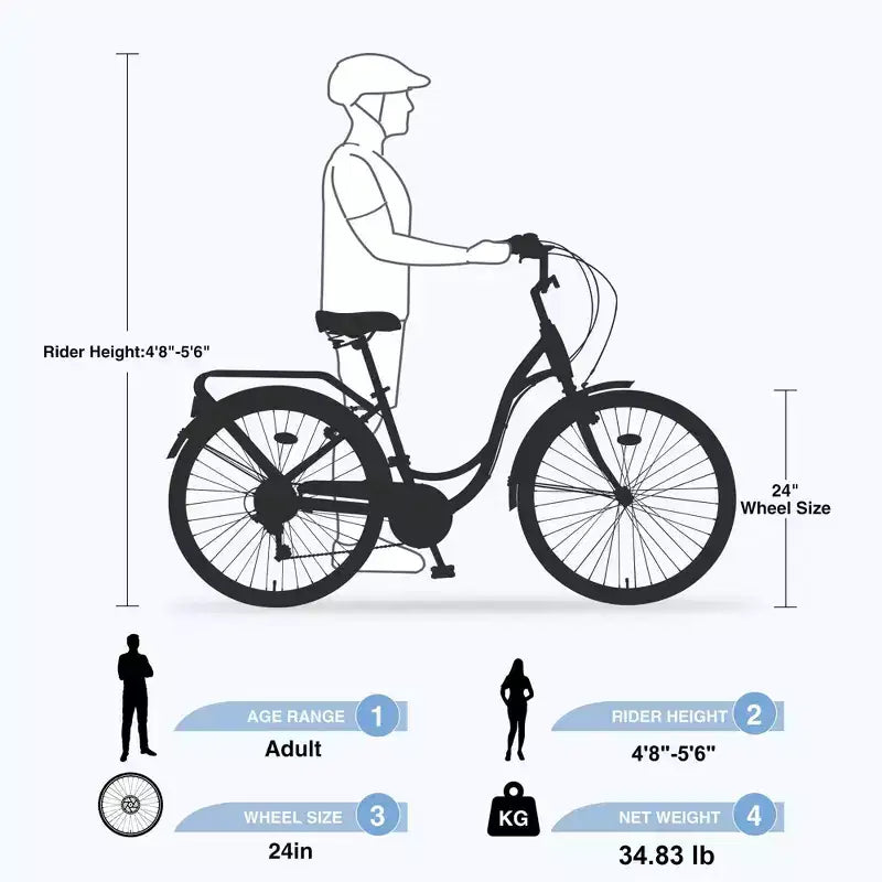 NAYSAYE 24 Bici Cruiser da Spiaggia per Donne Bici da Donna 7 Velocità Bici Cruiser Complete con Doppio Freno a V, Bici da Città per Adulti per Donne, Uomini