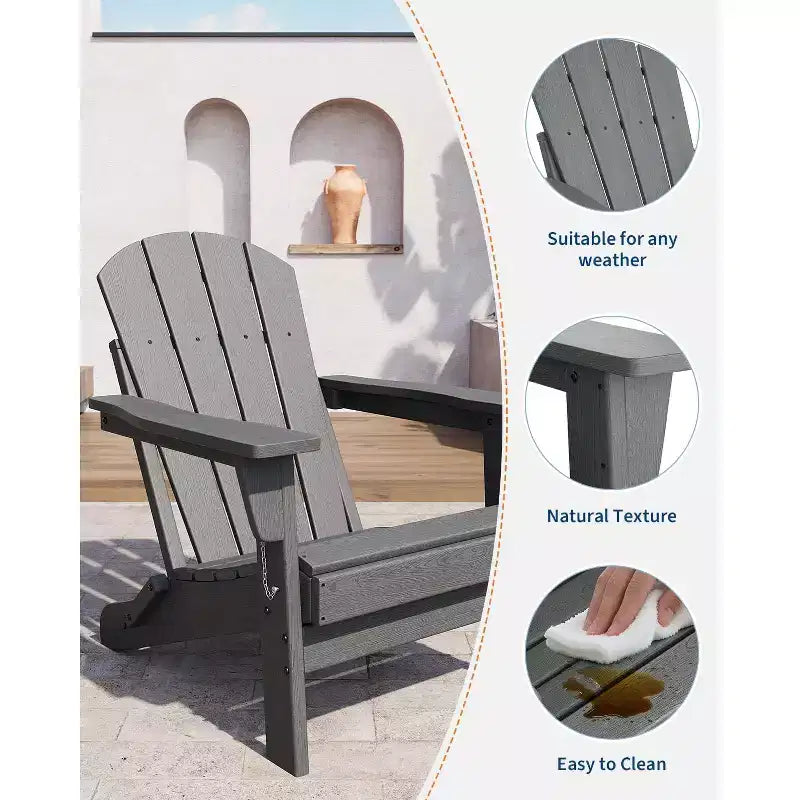 Folding Adirondack Chairs Set of 2-HDPE Plastic Outdoor Chairs with Wood Texture(Grey) for Fire Pit/Deck/Patio(380lbs Capacity & Weather Resistant)