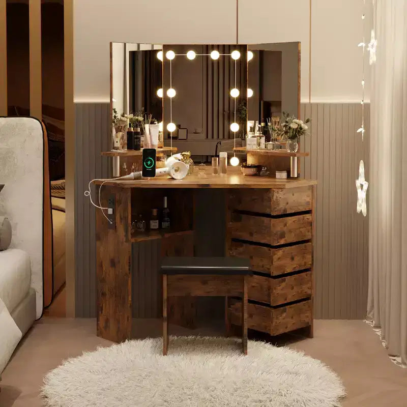 Set toeletta rotante a 5 cassetti con sgabello, design angolare, luminosità regolabile, adatto per camere da letto e salotti