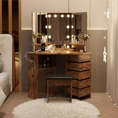 Set toeletta rotante a 5 cassetti con sgabello, design angolare, luminosità regolabile, adatto per camere da letto e salotti