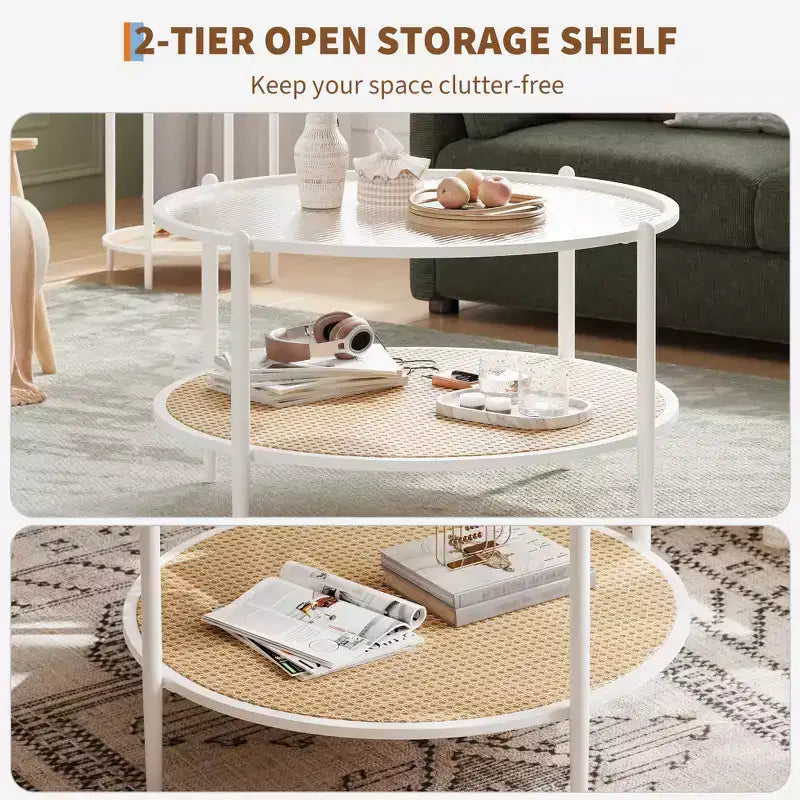 2-Tier Rattan Coffee Table, Metal Boho Tea Center Table, Tempered Glass Top, for Living Room Office Home