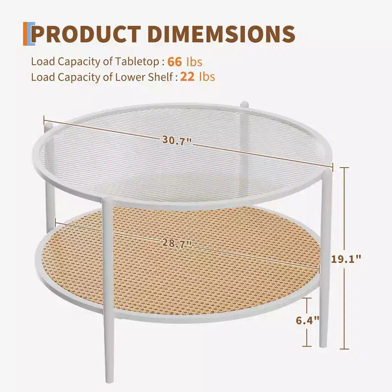 2-Tier Rattan Coffee Table, Metal Boho Tea Center Table, Tempered Glass Top, for Living Room Office Home