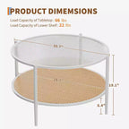 2-Tier Rattan Coffee Table, Metal Boho Tea Center Table, Tempered Glass Top, for Living Room Office Home