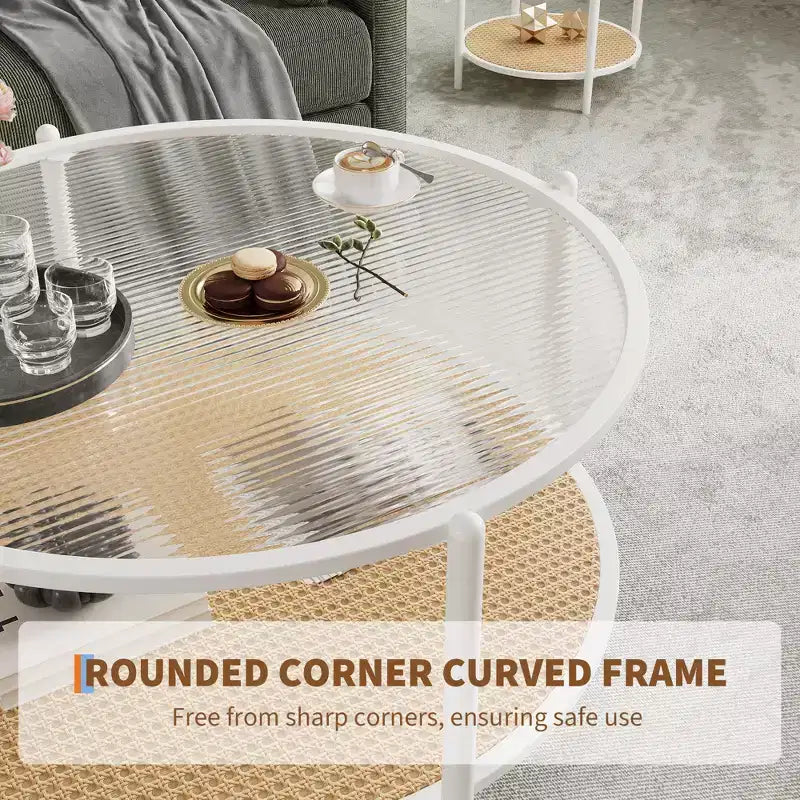 2-Tier Rattan Coffee Table, Metal Boho Tea Center Table, Tempered Glass Top, for Living Room Office Home