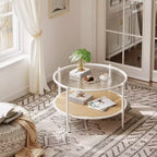 2-Tier Rattan Coffee Table, Metal Boho Tea Center Table, Tempered Glass Top, for Living Room Office Home
