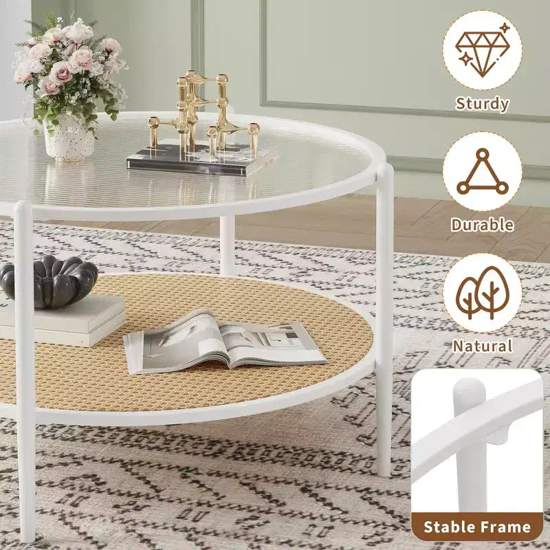 2-Tier Rattan Coffee Table, Metal Boho Tea Center Table, Tempered Glass Top, for Living Room Office Home