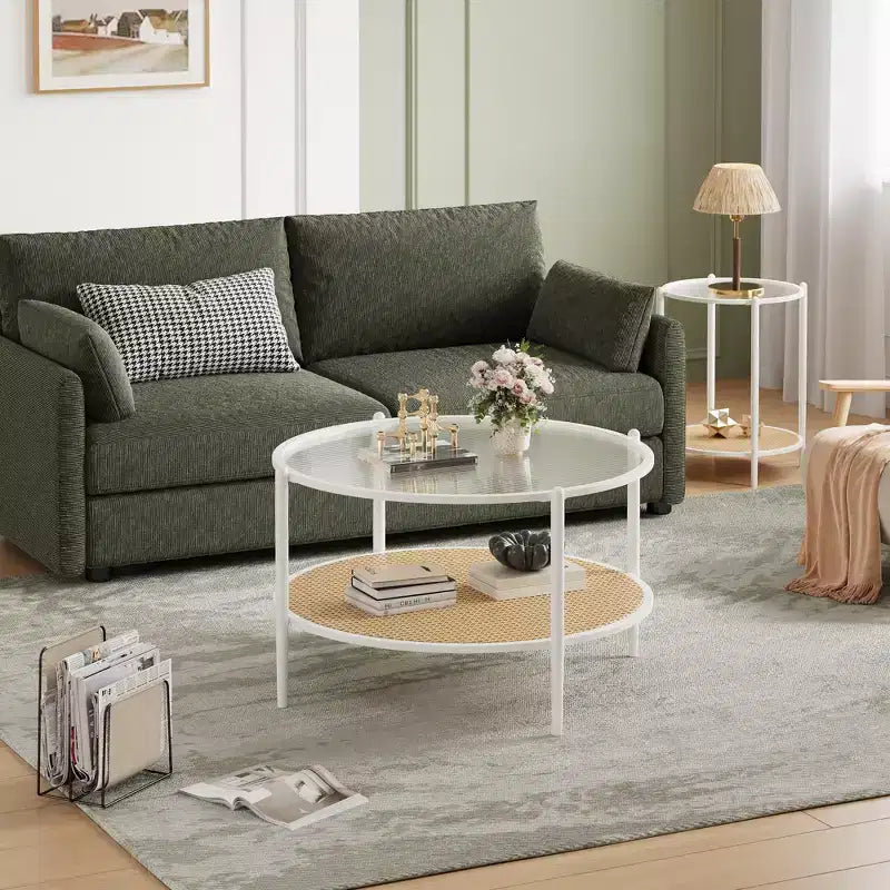 2-Tier Rattan Coffee Table, Metal Boho Tea Center Table, Tempered Glass Top, for Living Room Office Home
