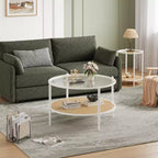 2-Tier Rattan Coffee Table, Metal Boho Tea Center Table, Tempered Glass Top, for Living Room Office Home