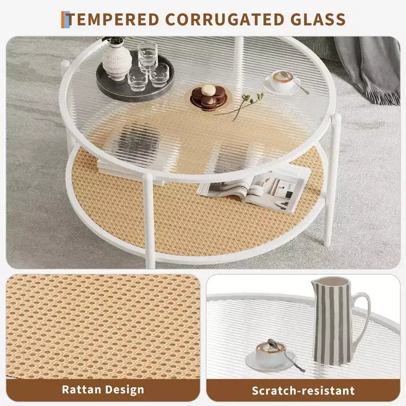 2-Tier Rattan Coffee Table, Metal Boho Tea Center Table, Tempered Glass Top, for Living Room Office Home
