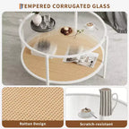 2-Tier Rattan Coffee Table, Metal Boho Tea Center Table, Tempered Glass Top, for Living Room Office Home