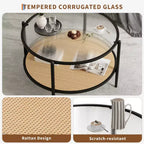 2-Tier Rattan Coffee Table, Metal Boho Tea Center Table, Tempered Glass Top, for Living Room Office Home