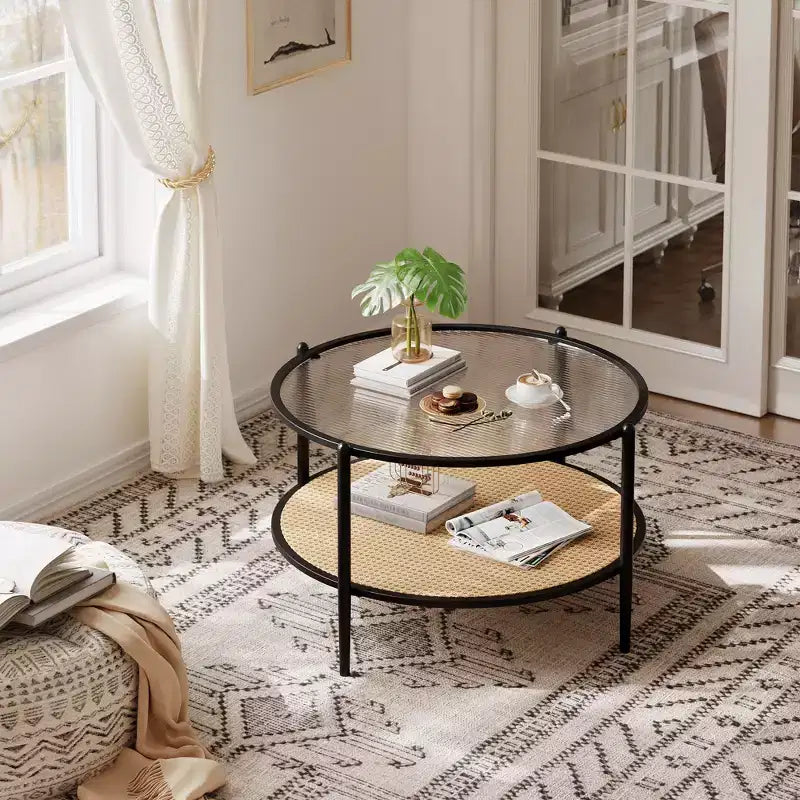 2-Tier Rattan Coffee Table, Metal Boho Tea Center Table, Tempered Glass Top, for Living Room Office Home