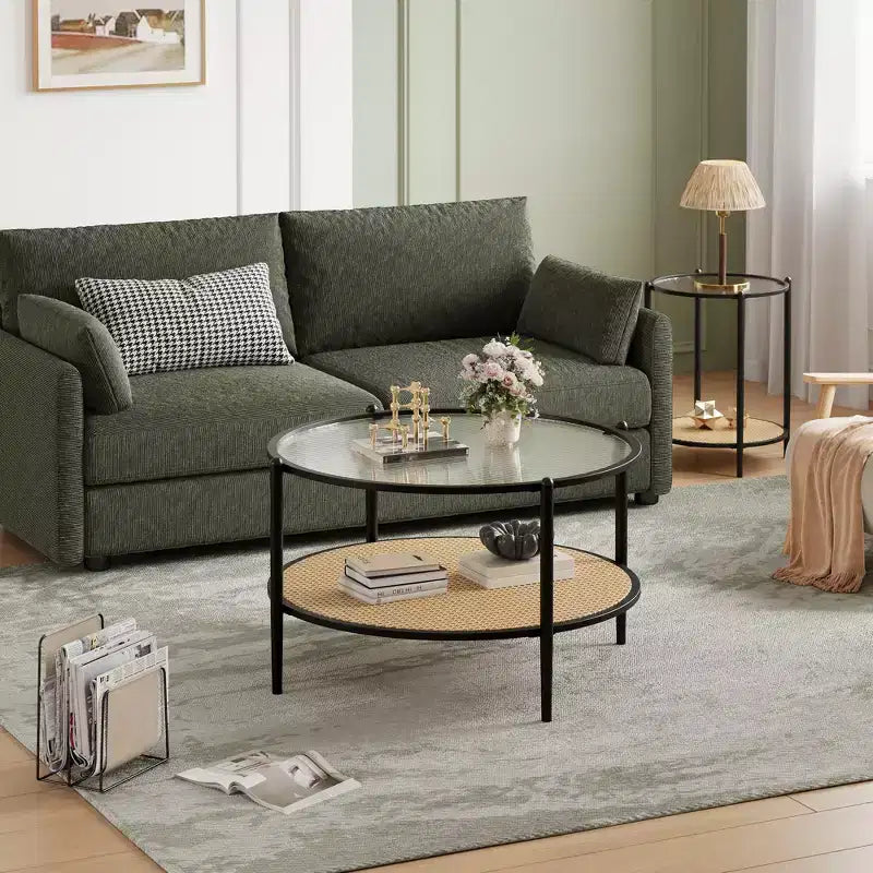 2-Tier Rattan Coffee Table, Metal Boho Tea Center Table, Tempered Glass Top, for Living Room Office Home