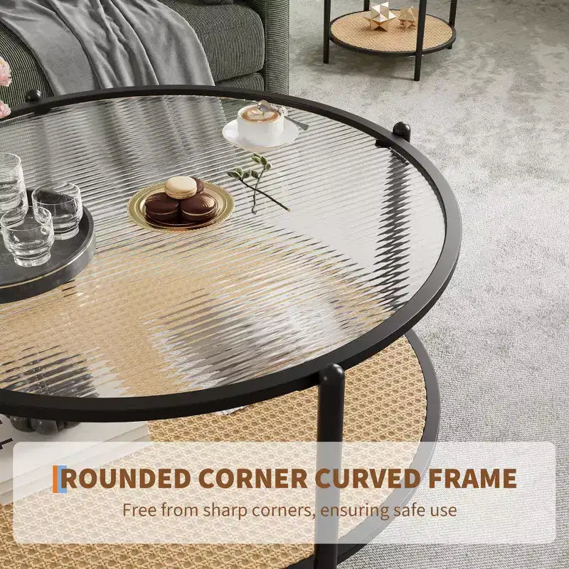 2-Tier Rattan Coffee Table, Metal Boho Tea Center Table, Tempered Glass Top, for Living Room Office Home