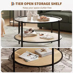 2-Tier Rattan Coffee Table, Metal Boho Tea Center Table, Tempered Glass Top, for Living Room Office Home