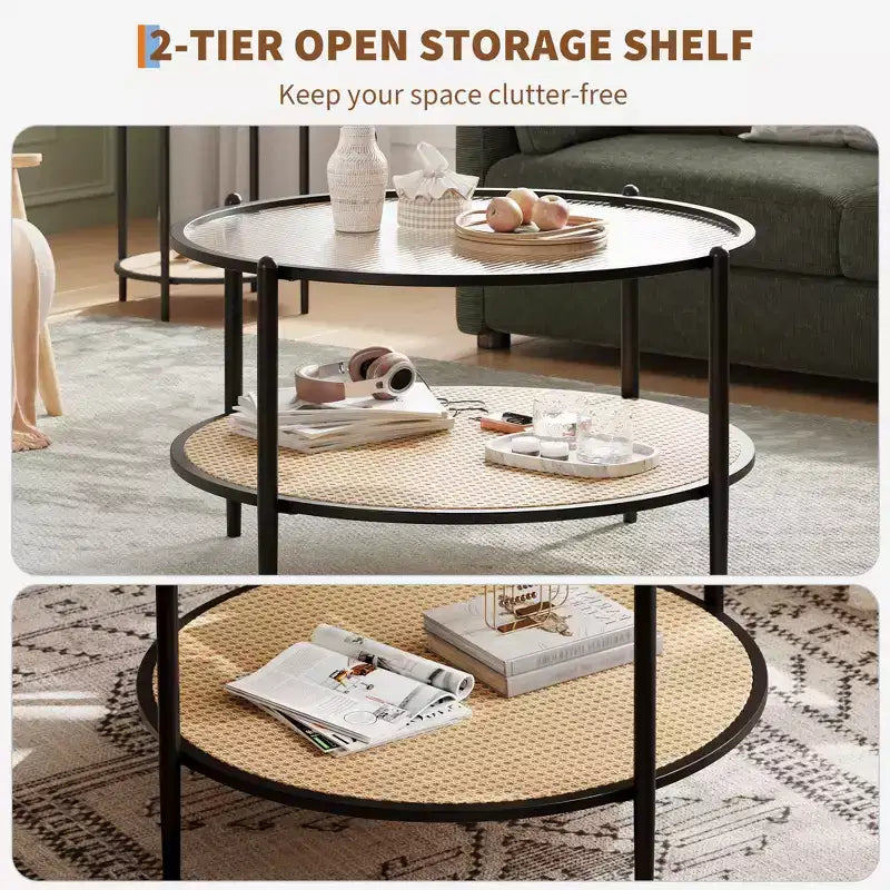 2-Tier Rattan Coffee Table, Metal Boho Tea Center Table, Tempered Glass Top, for Living Room Office Home