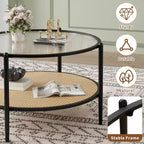 2-Tier Rattan Coffee Table, Metal Boho Tea Center Table, Tempered Glass Top, for Living Room Office Home
