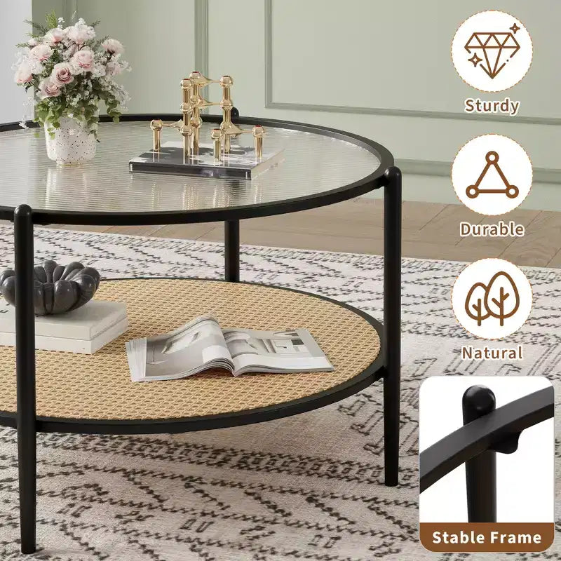 2-Tier Rattan Coffee Table, Metal Boho Tea Center Table, Tempered Glass Top, for Living Room Office Home