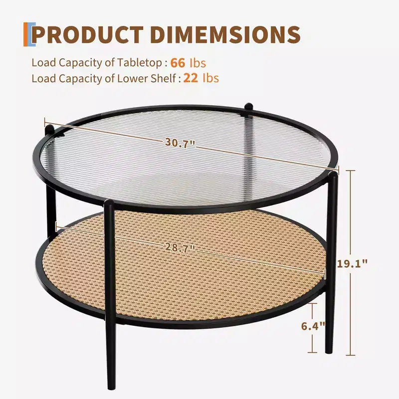 2-Tier Rattan Coffee Table, Metal Boho Tea Center Table, Tempered Glass Top, for Living Room Office Home