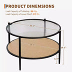 2-Tier Rattan Coffee Table, Metal Boho Tea Center Table, Tempered Glass Top, for Living Room Office Home