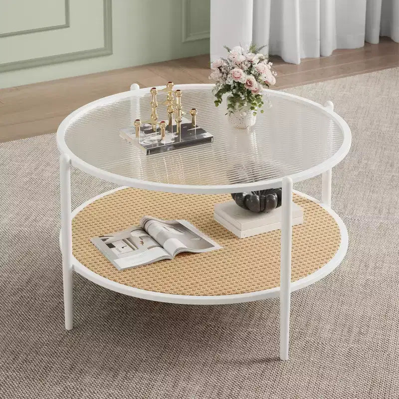2-Tier Rattan Coffee Table, Metal Boho Tea Center Table, Tempered Glass Top, for Living Room Office Home