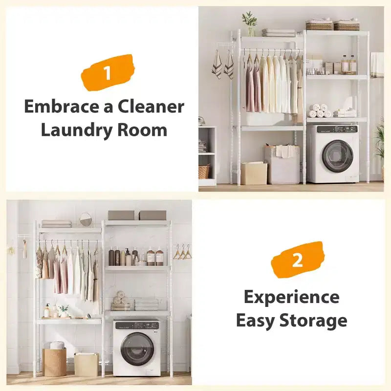 28 Adjustable Over Washer Dryer Organizer, 5-Tier Laundry Room Storage Rack, Double Wood Shelves, Space Saving Shelf Unit for Bathroom, Laundry