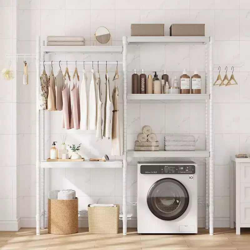 28 Adjustable Over Washer Dryer Organizer, 5-Tier Laundry Room Storage Rack, Double Wood Shelves, Space Saving Shelf Unit for Bathroom, Laundry