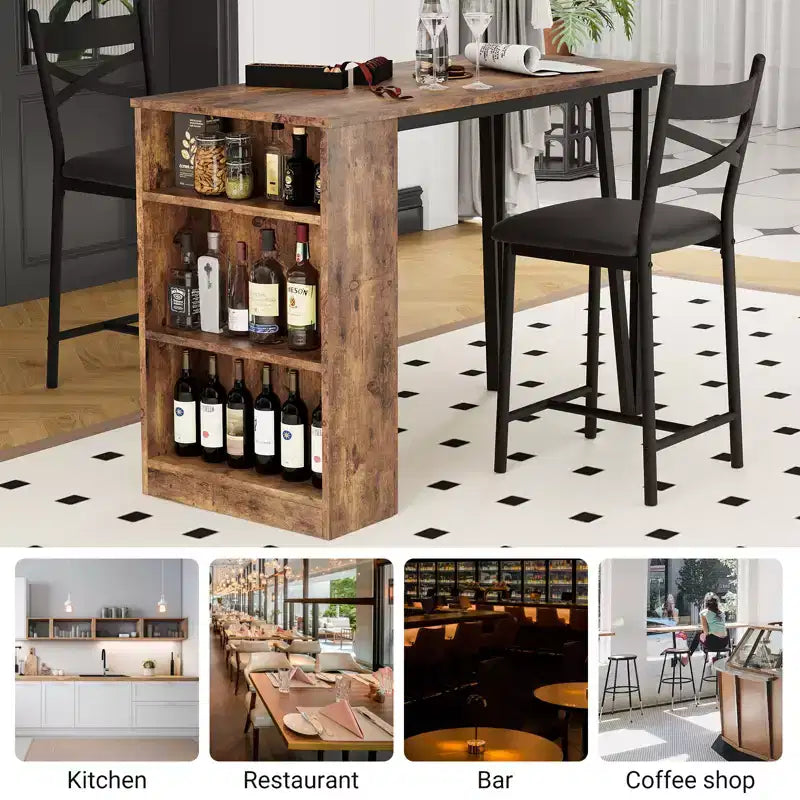 Set tavolo e sedie da bar con 2 sgabelli, tavolo da bar alto da cucina, set da pranzo in legno con altezza da bar, ripiani portaoggetti a 3 livelli, 2 sgabelli, per piccoli spazi