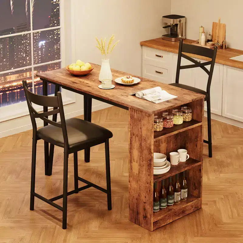 Set tavolo e sedie da bar con 2 sgabelli, tavolo da bar alto da cucina, set da pranzo in legno con altezza da bar, ripiani portaoggetti a 3 livelli, 2 sgabelli, per piccoli spazi