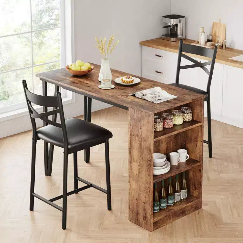 Set tavolo e sedie da bar con 2 sgabelli, tavolo da bar alto da cucina, set da pranzo in legno con altezza da bar, ripiani portaoggetti a 3 livelli, 2 sgabelli, per piccoli spazi