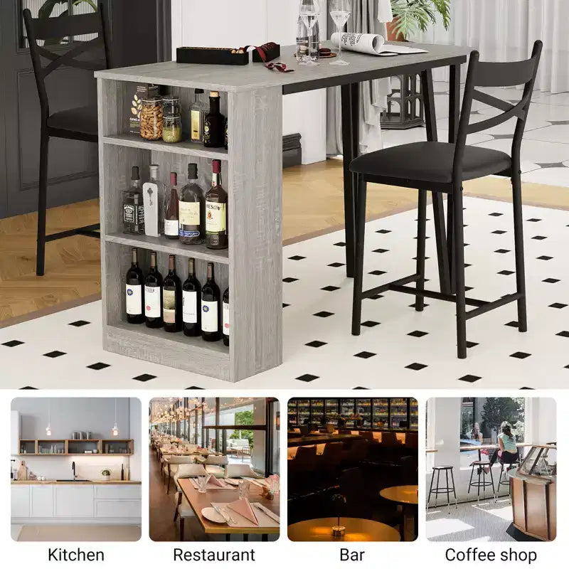 Set tavolo e sedie da bar con 2 sgabelli, tavolo da bar alto da cucina, set da pranzo in legno con altezza da bar, ripiani portaoggetti a 3 livelli, 2 sgabelli, per piccoli spazi