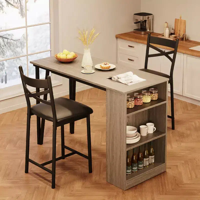 Set tavolo e sedie da bar con 2 sgabelli, tavolo da bar alto da cucina, set da pranzo in legno con altezza da bar, ripiani portaoggetti a 3 livelli, 2 sgabelli, per piccoli spazi