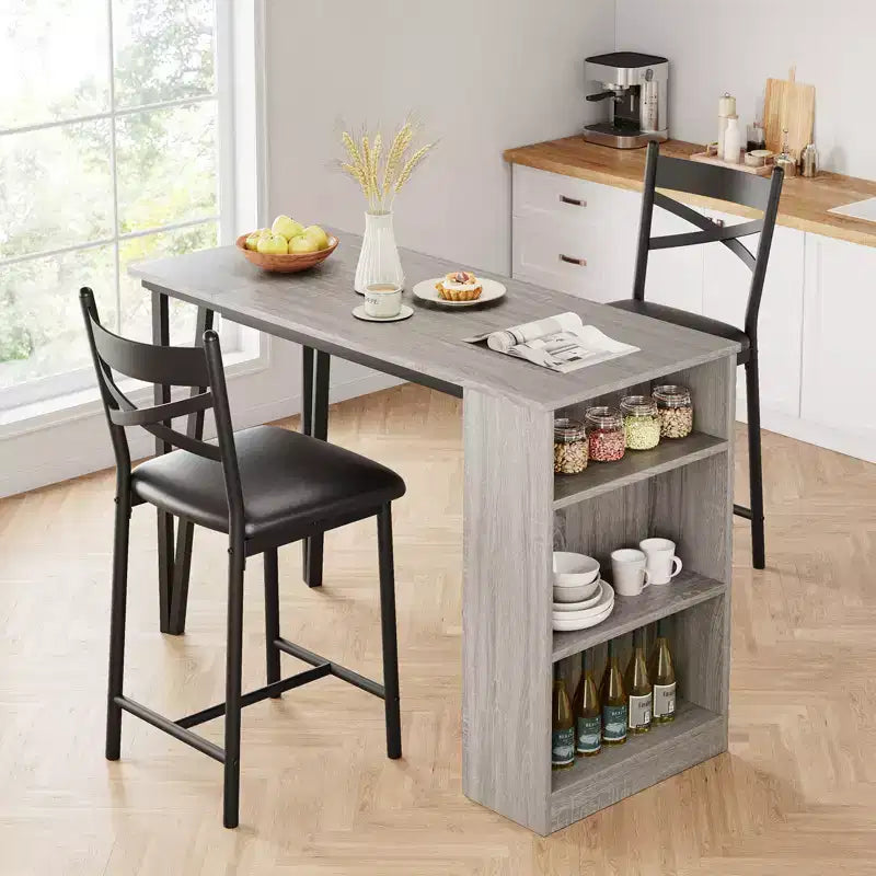 Set tavolo e sedie da bar con 2 sgabelli, tavolo da bar alto da cucina, set da pranzo in legno con altezza da bar, ripiani portaoggetti a 3 livelli, 2 sgabelli, per piccoli spazi
