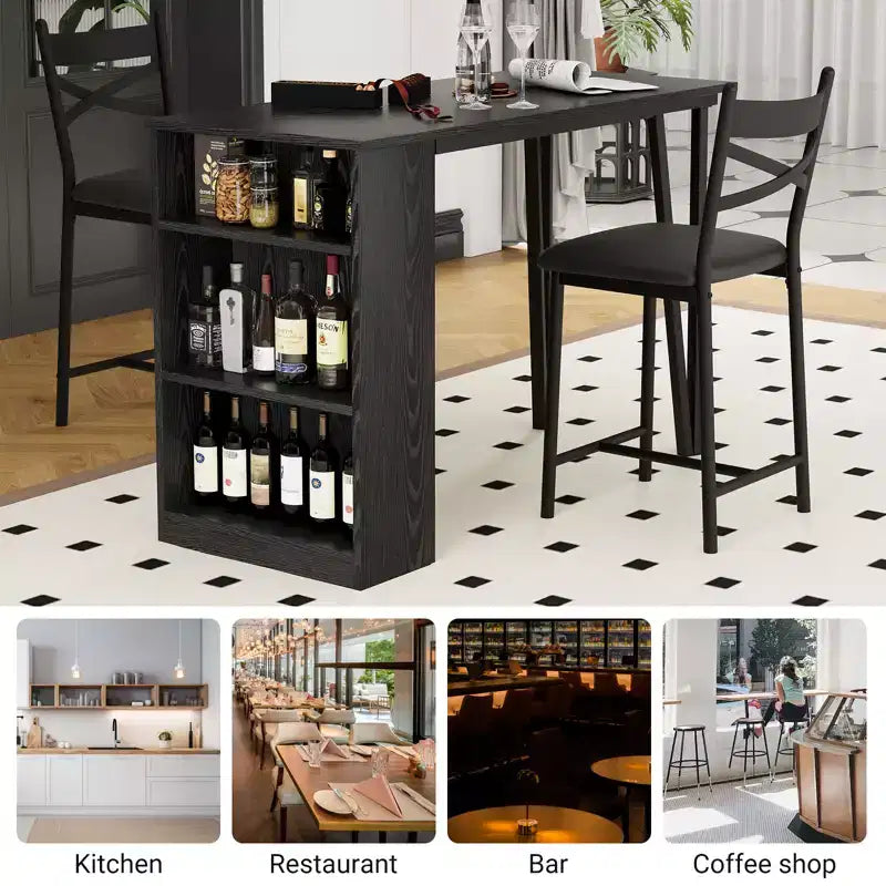 Set tavolo e sedie da bar con 2 sgabelli, tavolo da bar alto da cucina, set da pranzo in legno con altezza da bar, ripiani portaoggetti a 3 livelli, 2 sgabelli, per piccoli spazi