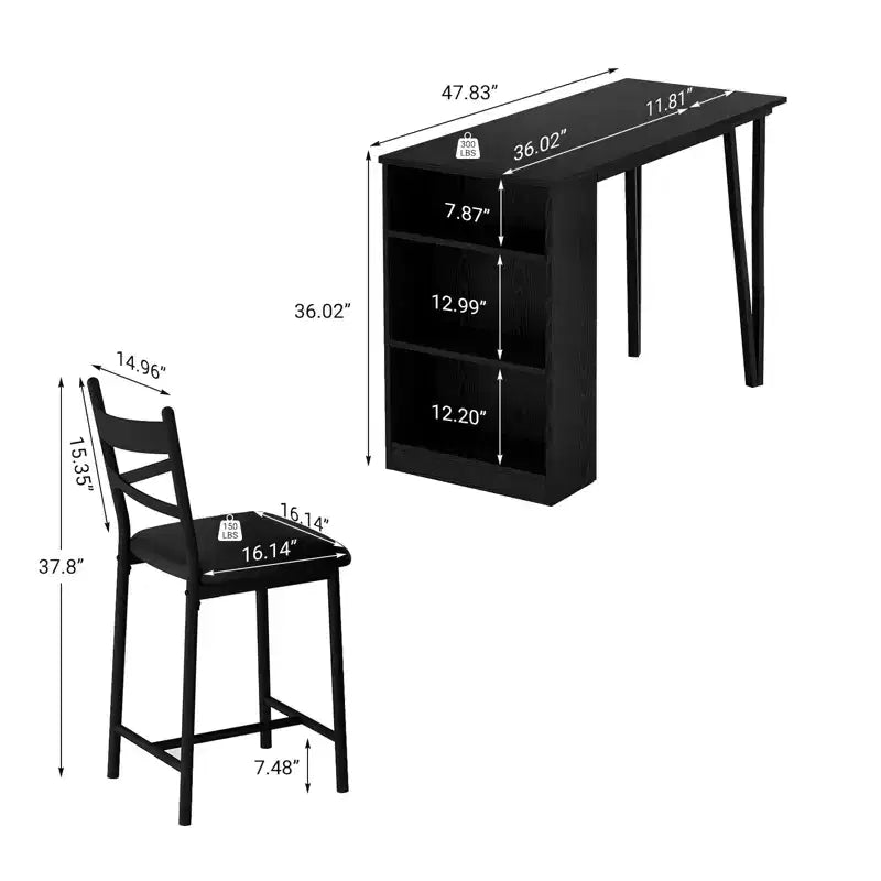 Set tavolo e sedie da bar con 2 sgabelli, tavolo da bar alto da cucina, set da pranzo in legno con altezza da bar, ripiani portaoggetti a 3 livelli, 2 sgabelli, per piccoli spazi