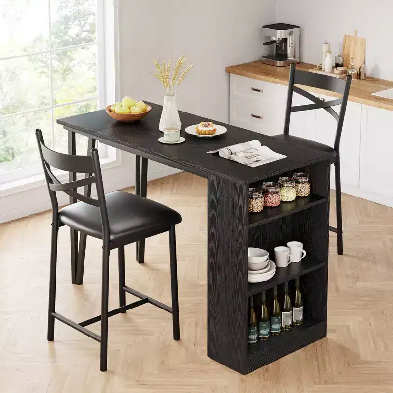 Set tavolo e sedie da bar con 2 sgabelli, tavolo da bar alto da cucina, set da pranzo in legno con altezza da bar, ripiani portaoggetti a 3 livelli, 2 sgabelli, per piccoli spazi