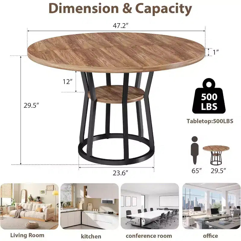 COZONY Tavolo da pranzo rotondo 47 per 4 persone, tavolo in legno rustico con ripiano portaoggetti e gambe in metallo, mobili da cucina salvaspazio