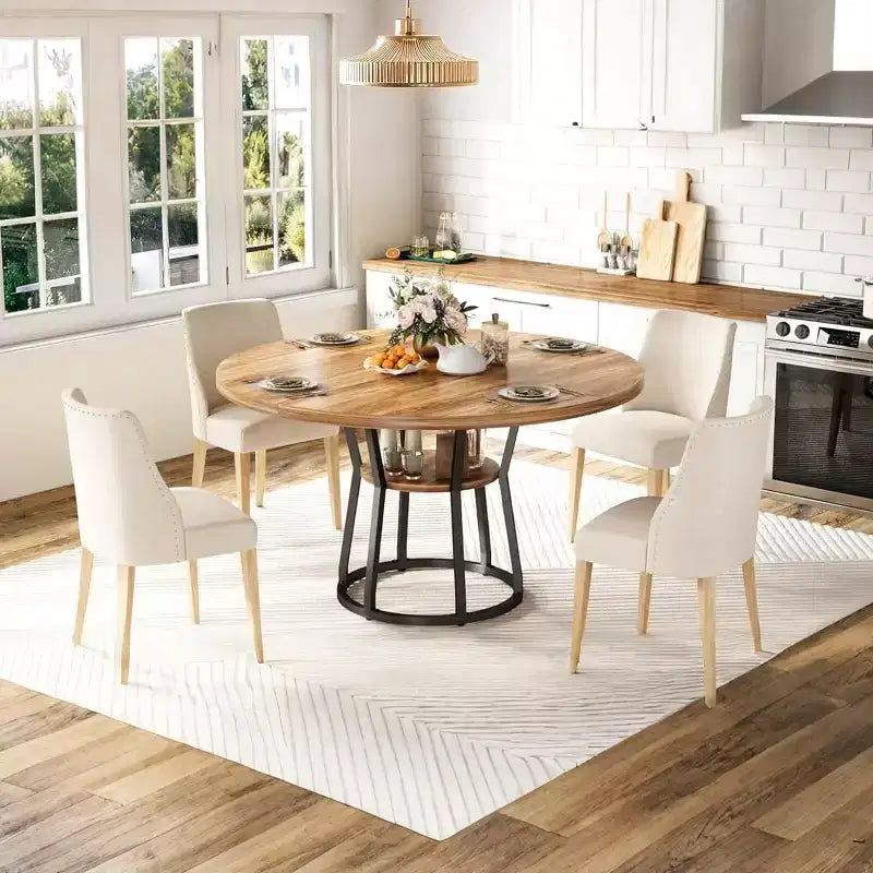 COZONY Tavolo da pranzo rotondo 47 per 4 persone, tavolo in legno rustico con ripiano portaoggetti e gambe in metallo, mobili da cucina salvaspazio