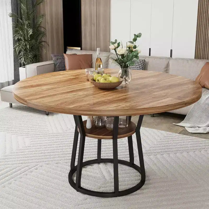 COZONY Tavolo da pranzo rotondo 47 per 4 persone, tavolo in legno rustico con ripiano portaoggetti e gambe in metallo, mobili da cucina salvaspazio