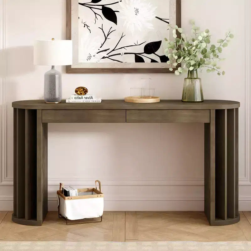 Consolle Lunga con Contenitore, Tavolo da Ingresso Minimalista con Cassetti e Consolle da Corridoio in Legno con Design a Linee Curve e Dritte
