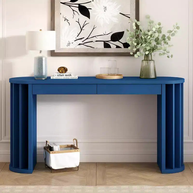 Consolle Lunga con Contenitore, Tavolo da Ingresso Minimalista con Cassetti e Consolle da Corridoio in Legno con Design a Linee Curve e Dritte