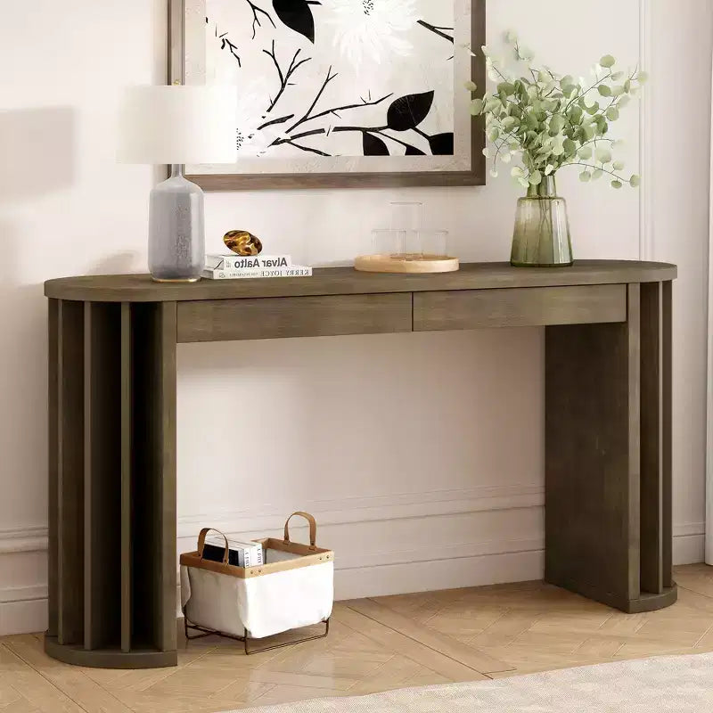 Consolle Lunga con Contenitore, Tavolo da Ingresso Minimalista con Cassetti e Consolle da Corridoio in Legno con Design a Linee Curve e Dritte