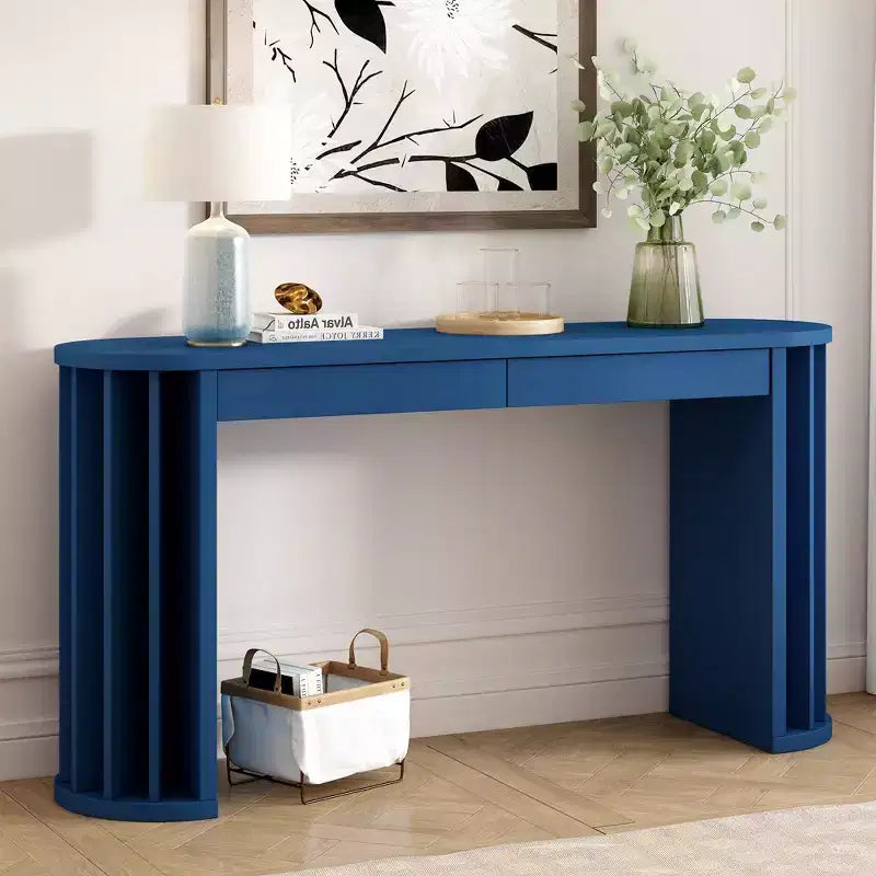 Consolle Lunga con Contenitore, Tavolo da Ingresso Minimalista con Cassetti e Consolle da Corridoio in Legno con Design a Linee Curve e Dritte