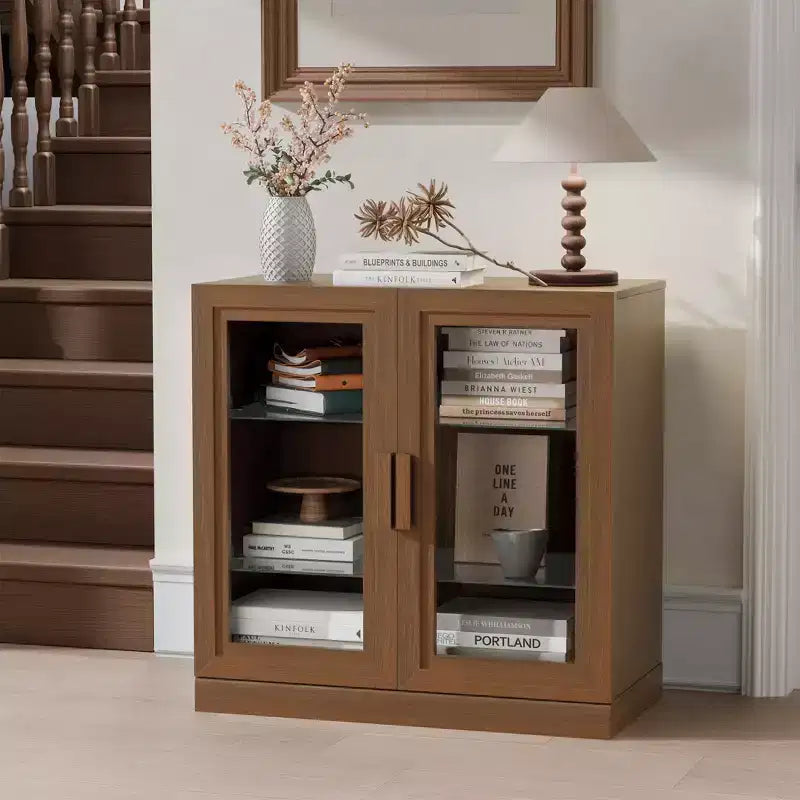 MAYEERTY 16 Mobile Alto Contenitore con Ante in Vetro 2 Ripiani, Mobiletto Autoportante per Soggiorno Cucina Beige 1pz