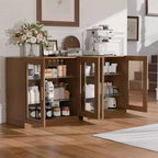 MAYEERTY 16 Mobile Alto Contenitore con Ante in Vetro 2 Ripiani, Mobiletto Autoportante per Soggiorno Cucina Beige 1pz
