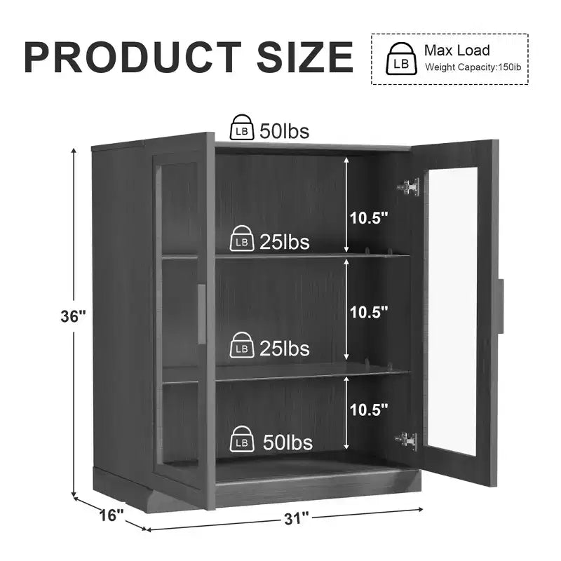 MAYEERTY 16 Mobile Alto Contenitore con Ante in Vetro 2 Ripiani, Mobiletto Autoportante per Soggiorno Cucina Beige 1pz
