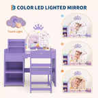 Toeletta per bambini con specchio illuminato e sgabello, set toeletta per bambine con libreria aperta, tavolo da trucco per bambine