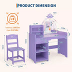 Toeletta per bambini con specchio illuminato e sgabello, set toeletta per bambine con libreria aperta, tavolo da trucco per bambine