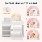 Toeletta per bambini con specchio illuminato e sgabello, set toeletta per bambine con libreria aperta, tavolo da trucco per bambine